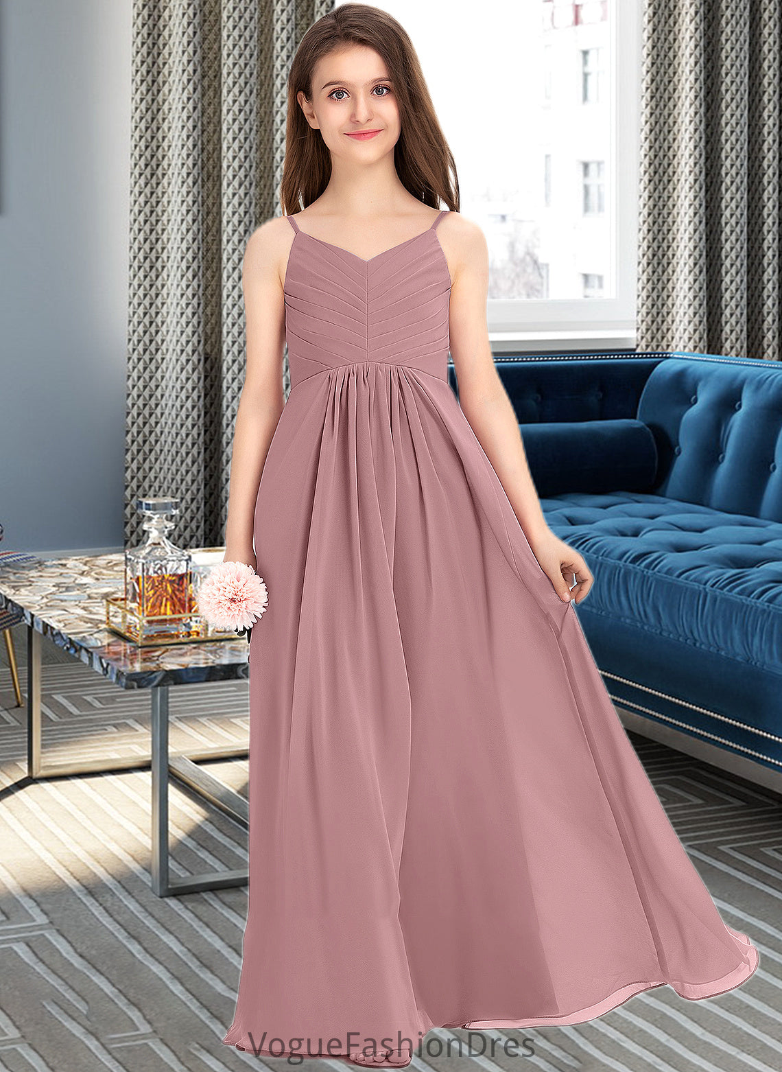 Melanie A-Line V-neck Floor-Length Chiffon Junior Bridesmaid Dress With Ruffle DKP0013354