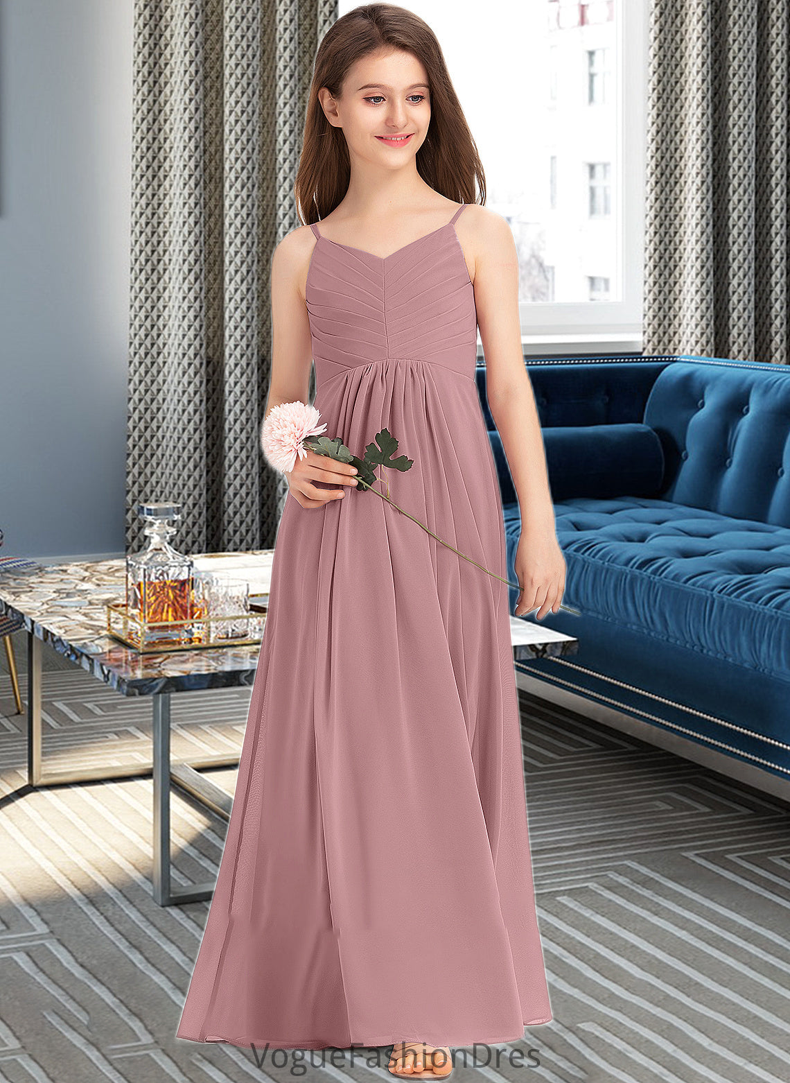 Melanie A-Line V-neck Floor-Length Chiffon Junior Bridesmaid Dress With Ruffle DKP0013354