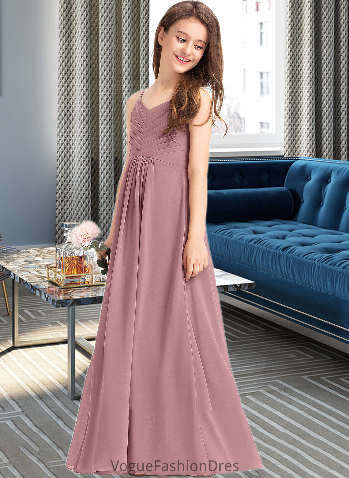 Melanie A-Line V-neck Floor-Length Chiffon Junior Bridesmaid Dress With Ruffle DKP0013354