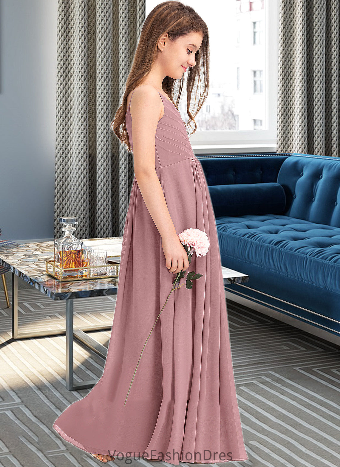 Melanie A-Line V-neck Floor-Length Chiffon Junior Bridesmaid Dress With Ruffle DKP0013354