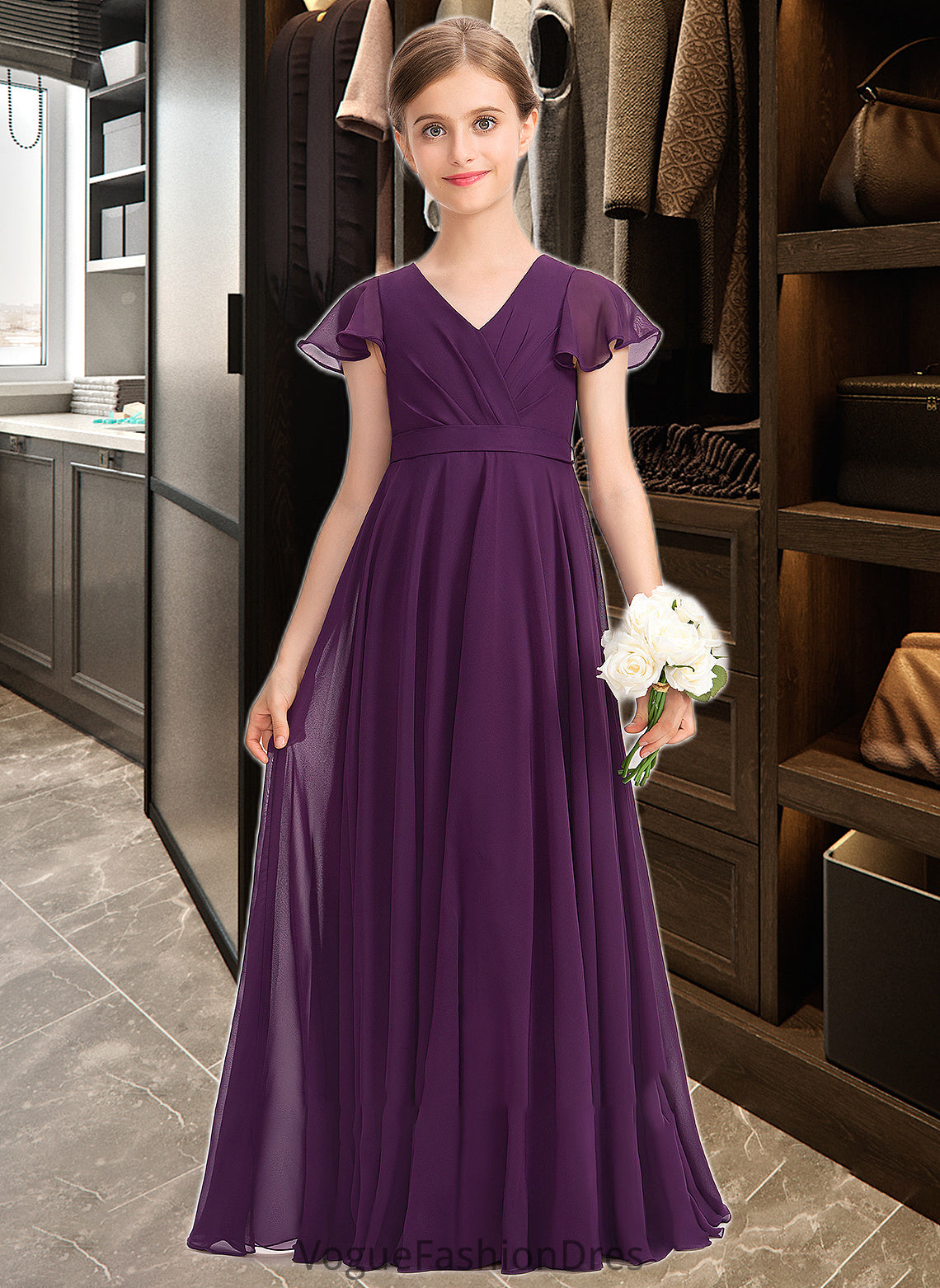 Angelina A-Line V-neck Floor-Length Chiffon Junior Bridesmaid Dress With Bow(s) Cascading Ruffles DKP0013355