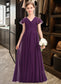 Angelina A-Line V-neck Floor-Length Chiffon Junior Bridesmaid Dress With Bow(s) Cascading Ruffles DKP0013355