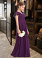 Angelina A-Line V-neck Floor-Length Chiffon Junior Bridesmaid Dress With Bow(s) Cascading Ruffles DKP0013355