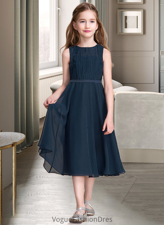 Payton A-Line Scoop Neck Tea-Length Chiffon Junior Bridesmaid Dress With Ruffle DKP0013362