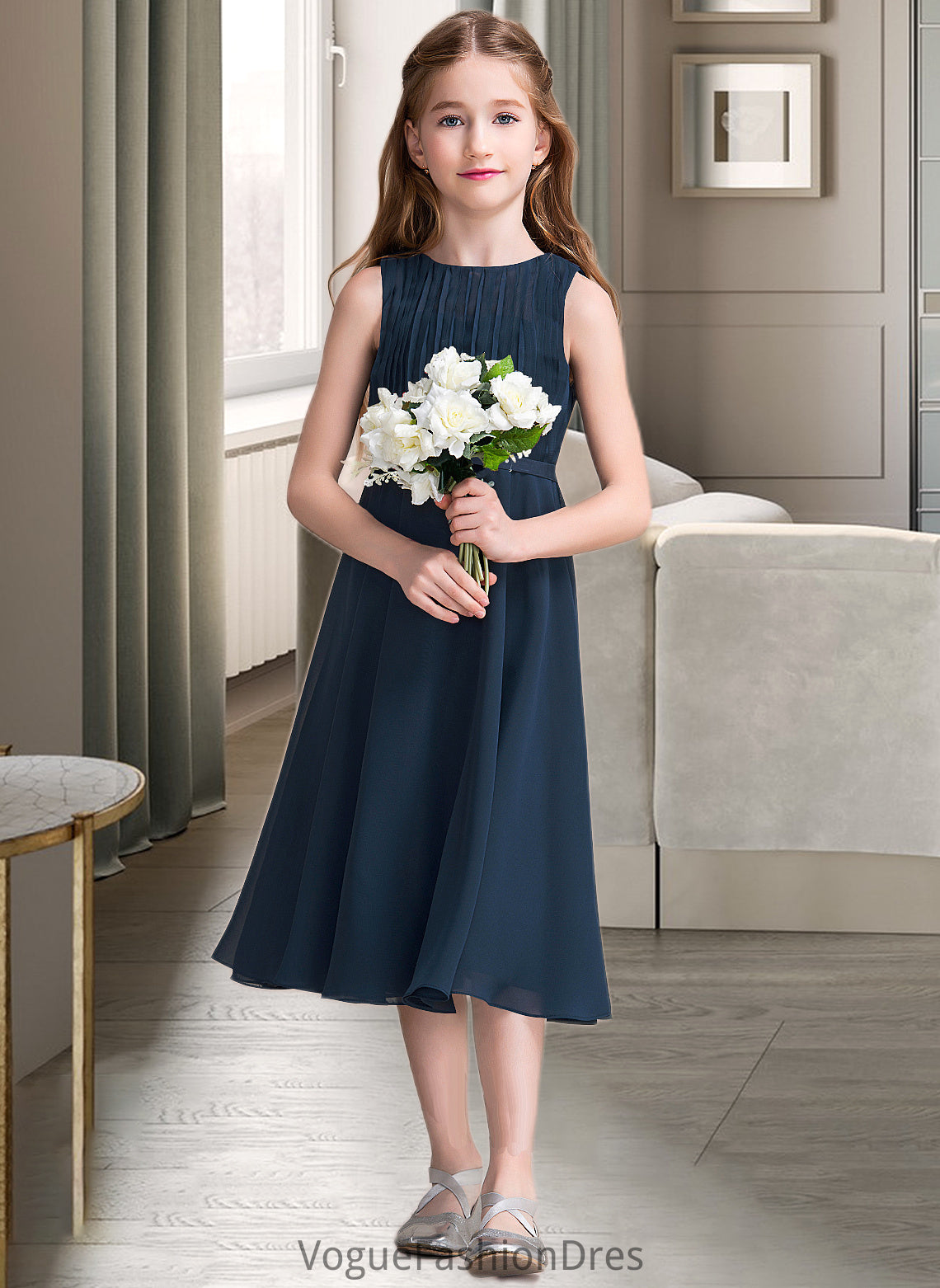 Payton A-Line Scoop Neck Tea-Length Chiffon Junior Bridesmaid Dress With Ruffle DKP0013362