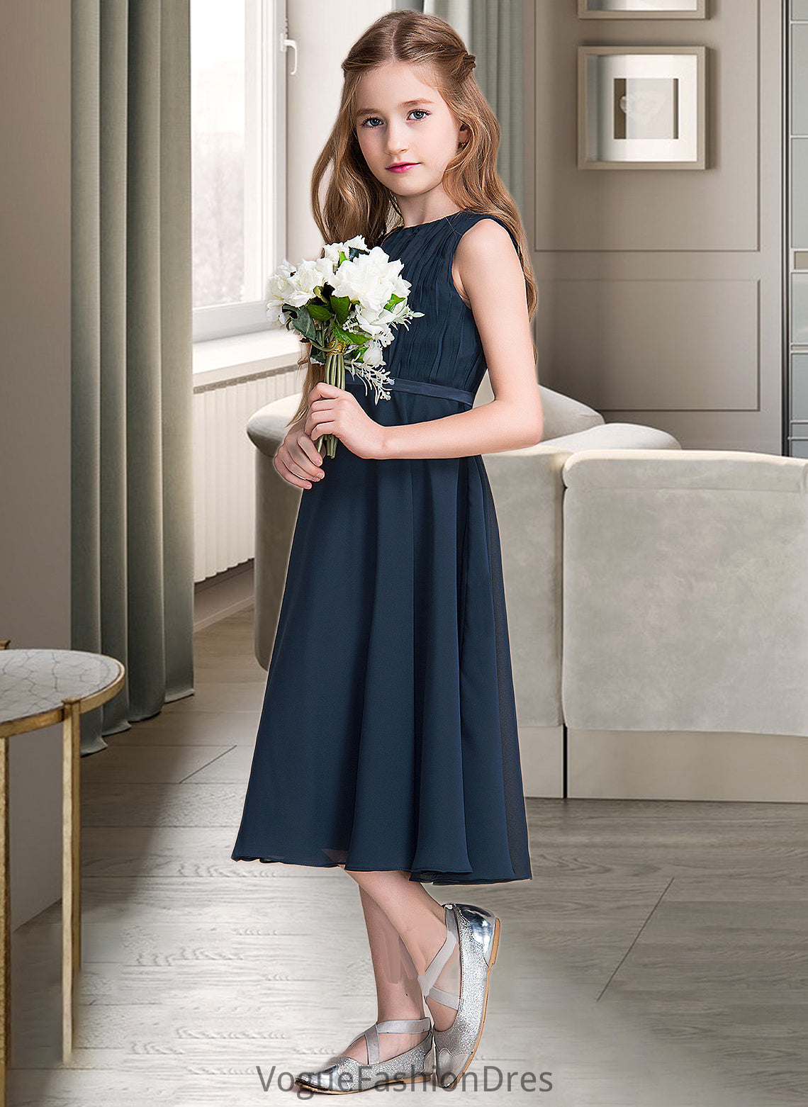 Payton A-Line Scoop Neck Tea-Length Chiffon Junior Bridesmaid Dress With Ruffle DKP0013362