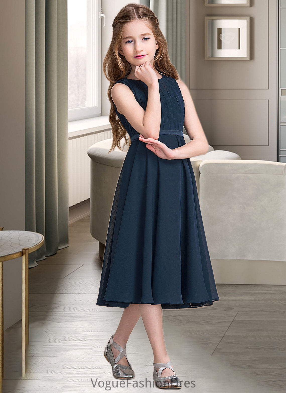 Payton A-Line Scoop Neck Tea-Length Chiffon Junior Bridesmaid Dress With Ruffle DKP0013362