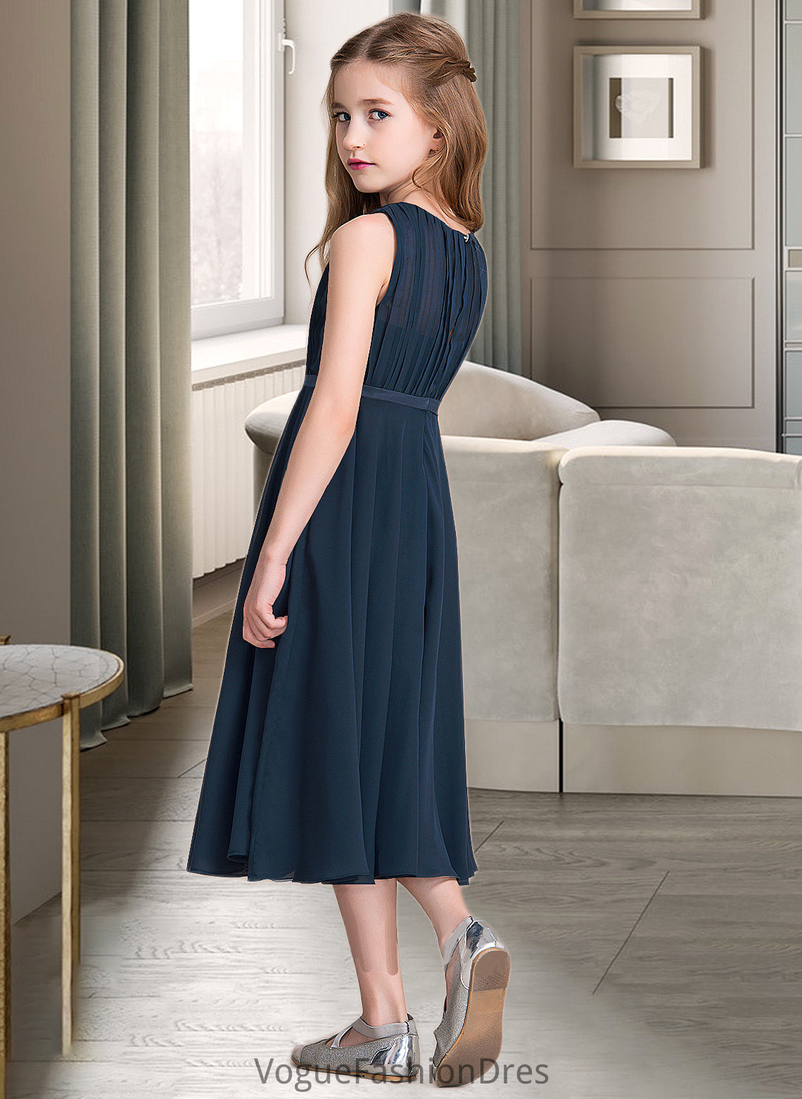 Payton A-Line Scoop Neck Tea-Length Chiffon Junior Bridesmaid Dress With Ruffle DKP0013362