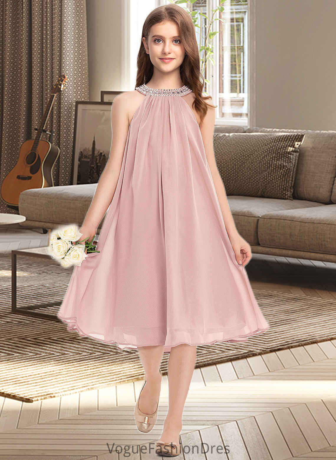 Keira A-Line Scoop Neck Knee-Length Chiffon Junior Bridesmaid Dress With Beading Sequins DKP0013365