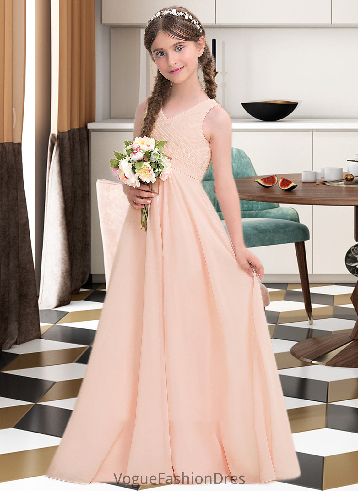 Katie A-Line V-neck Floor-Length Chiffon Junior Bridesmaid Dress With Ruffle DKP0013368