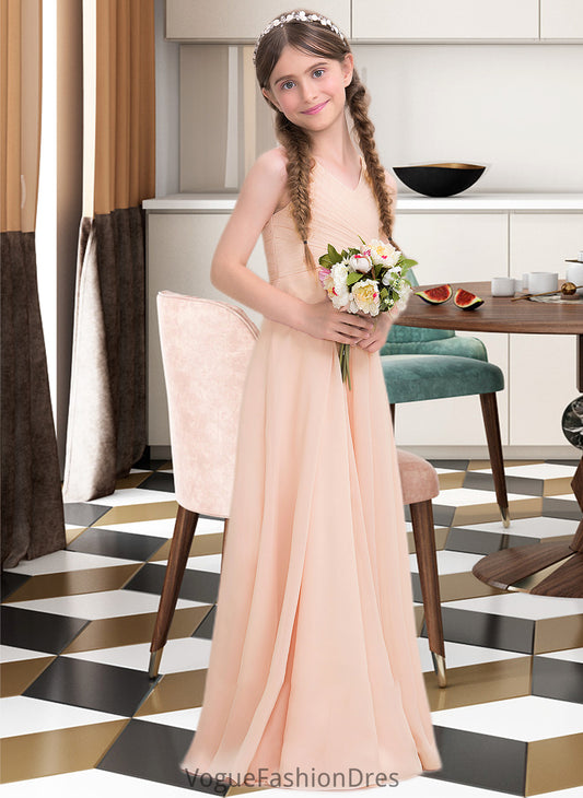 Katie A-Line V-neck Floor-Length Chiffon Junior Bridesmaid Dress With Ruffle DKP0013368