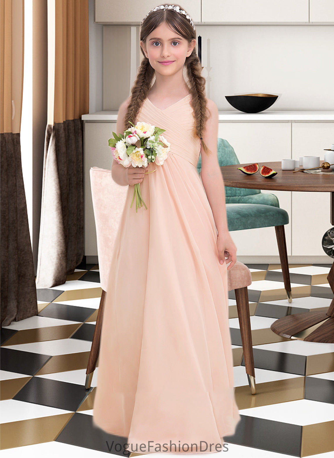 Katie A-Line V-neck Floor-Length Chiffon Junior Bridesmaid Dress With Ruffle DKP0013368