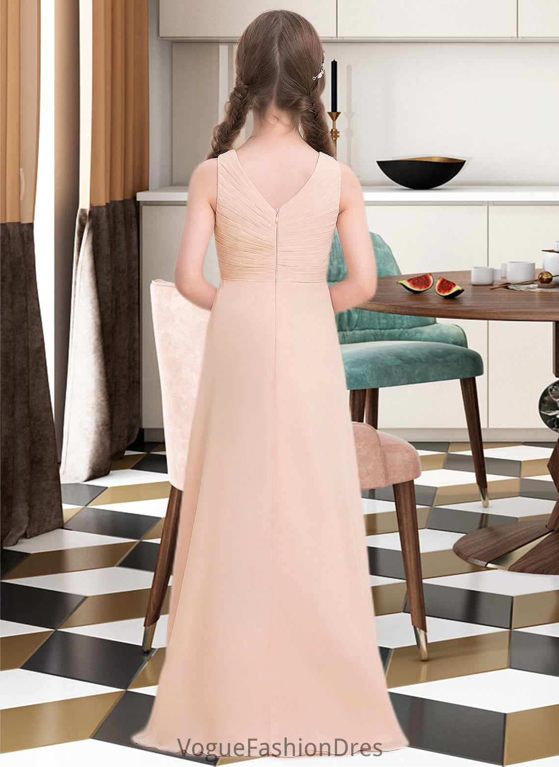 Katie A-Line V-neck Floor-Length Chiffon Junior Bridesmaid Dress With Ruffle DKP0013368