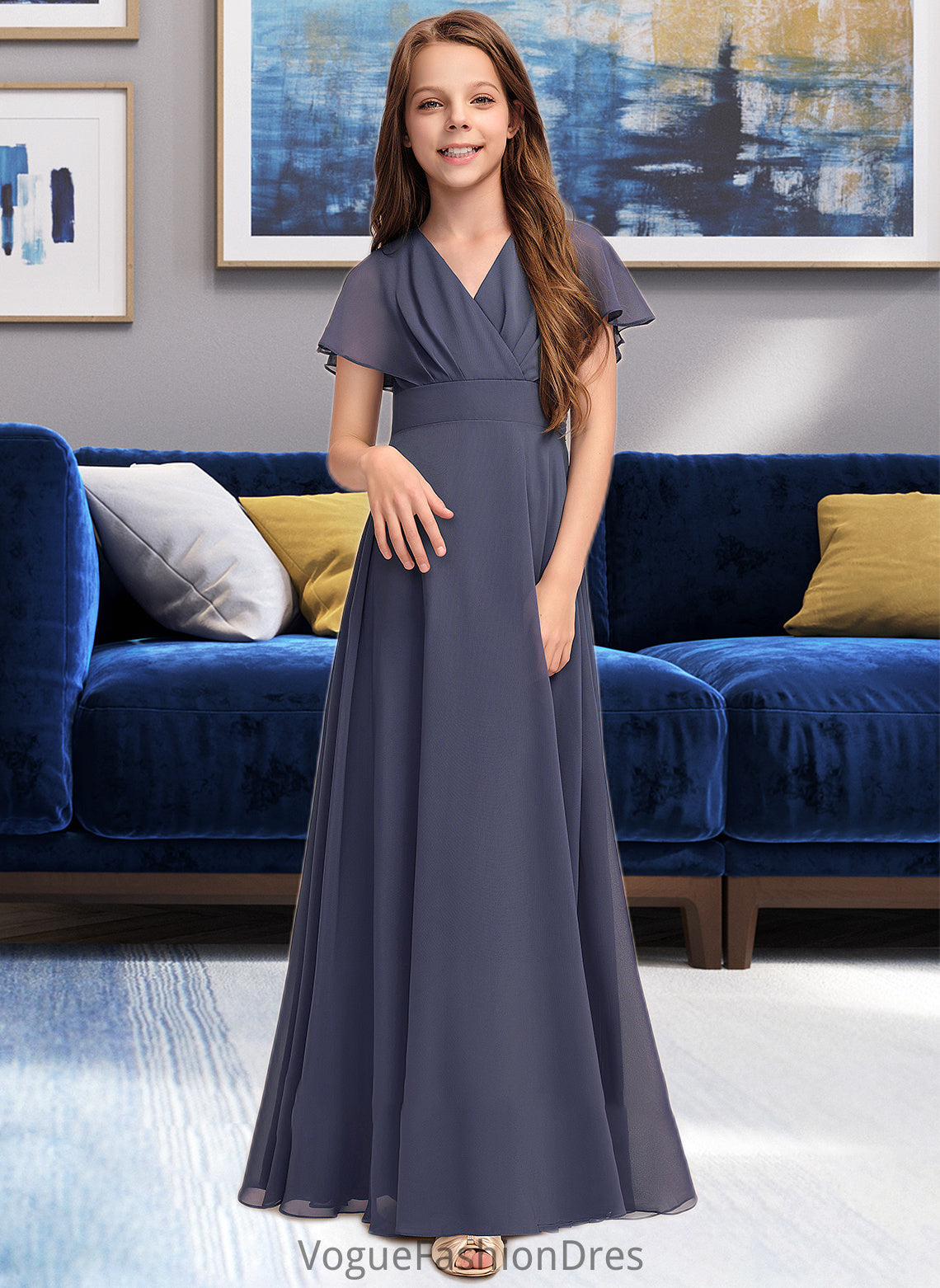 Xiomara A-Line V-neck Floor-Length Chiffon Junior Bridesmaid Dress With Ruffle Bow(s) DKP0013369