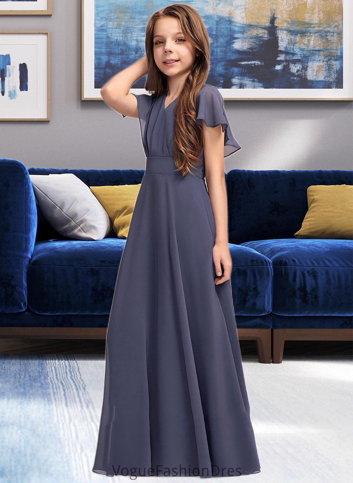 Xiomara A-Line V-neck Floor-Length Chiffon Junior Bridesmaid Dress With Ruffle Bow(s) DKP0013369