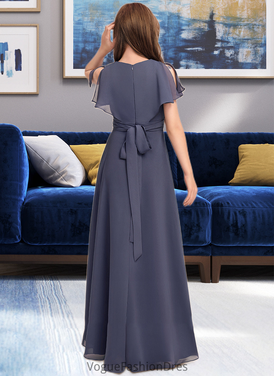 Xiomara A-Line V-neck Floor-Length Chiffon Junior Bridesmaid Dress With Ruffle Bow(s) DKP0013369