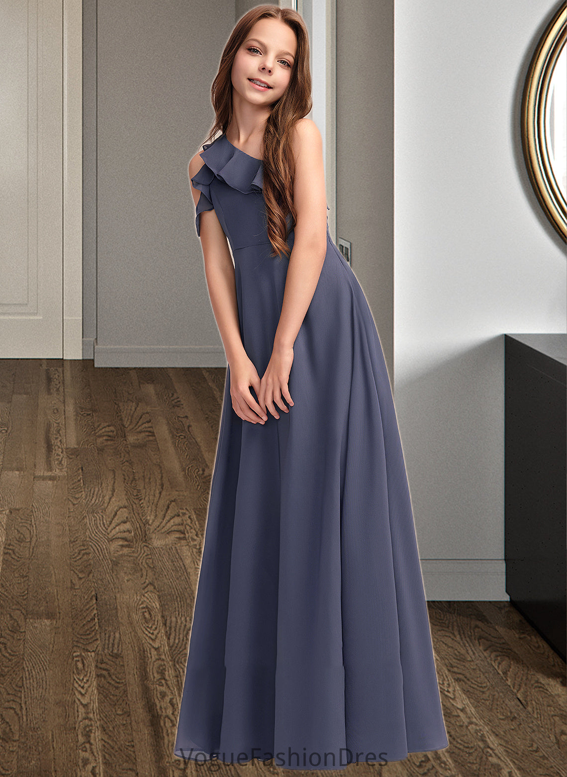 Martha A-Line One-Shoulder Floor-Length Chiffon Junior Bridesmaid Dress With Cascading Ruffles DKP0013370