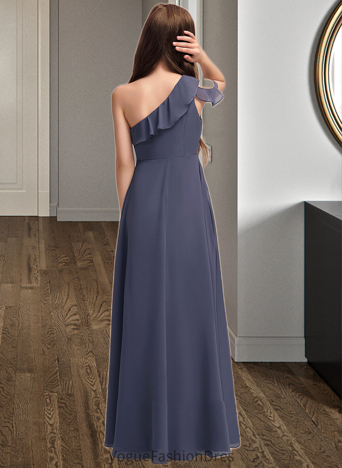 Martha A-Line One-Shoulder Floor-Length Chiffon Junior Bridesmaid Dress With Cascading Ruffles DKP0013370