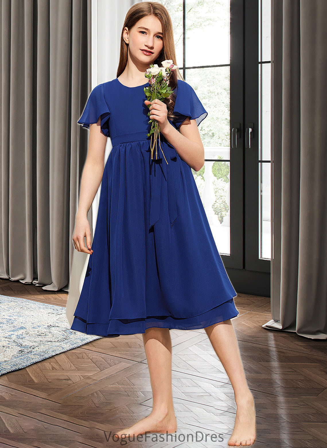 Ida A-Line Scoop Neck Knee-Length Chiffon Junior Bridesmaid Dress With Bow(s) DKP0013372