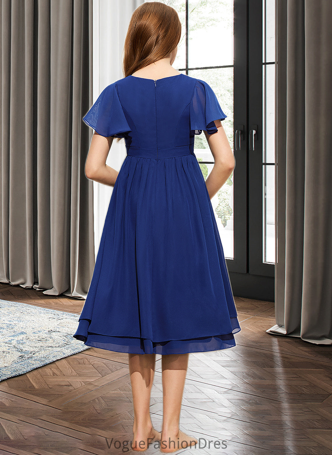 Ida A-Line Scoop Neck Knee-Length Chiffon Junior Bridesmaid Dress With Bow(s) DKP0013372