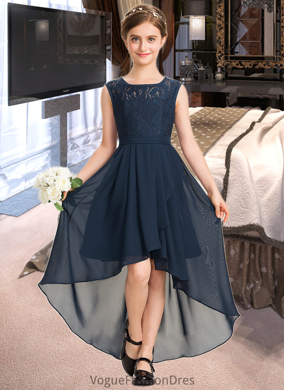 Aria A-Line Scoop Neck Asymmetrical Chiffon Lace Junior Bridesmaid Dress With Bow(s) Cascading Ruffles DKP0013373