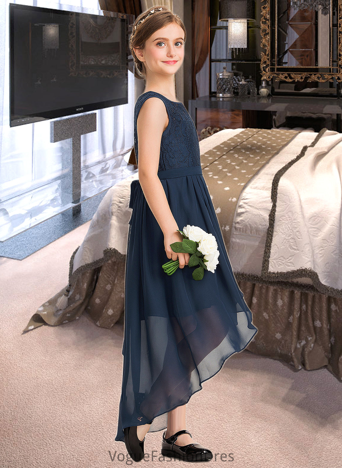 Aria A-Line Scoop Neck Asymmetrical Chiffon Lace Junior Bridesmaid Dress With Bow(s) Cascading Ruffles DKP0013373