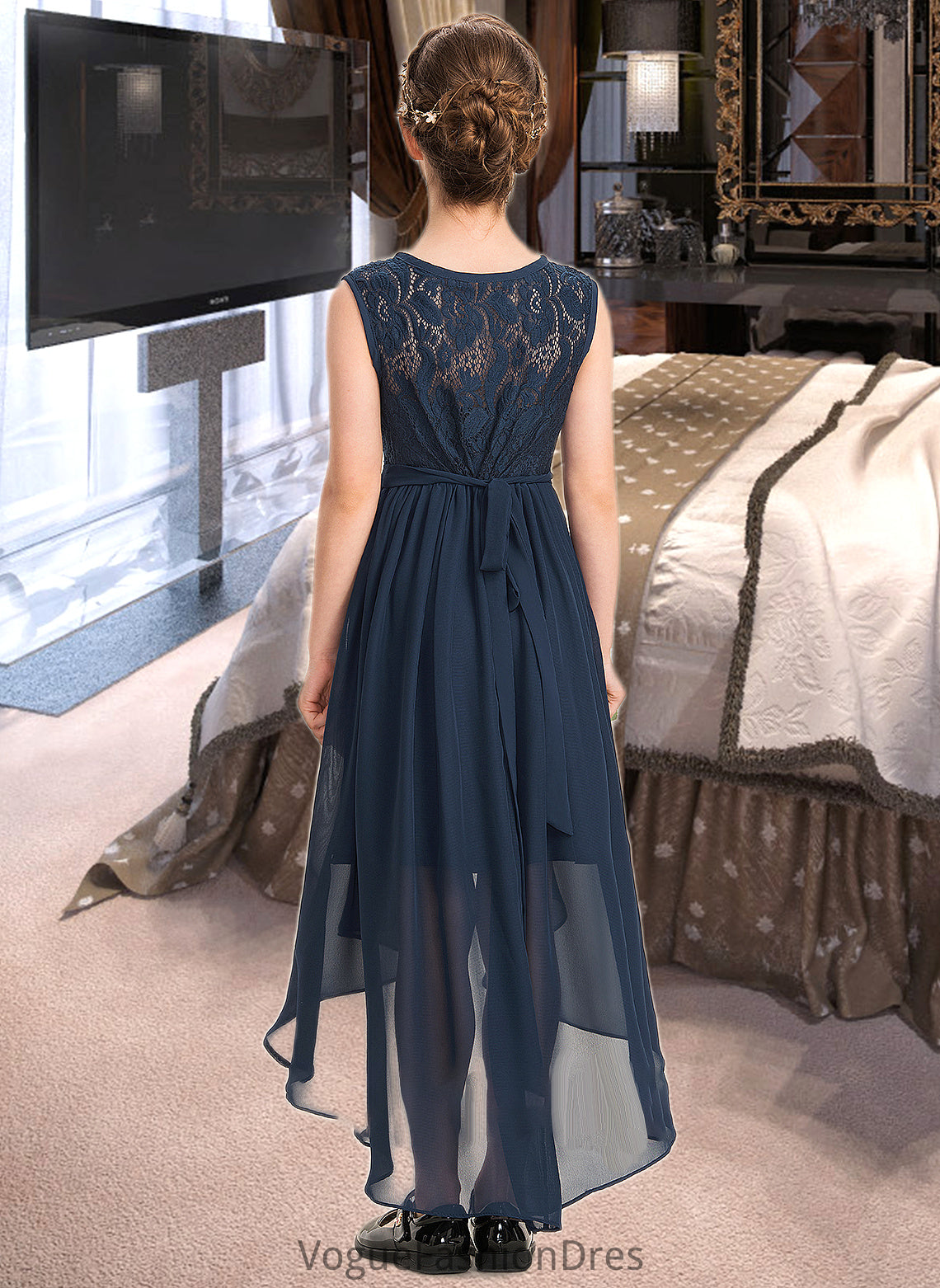 Aria A-Line Scoop Neck Asymmetrical Chiffon Lace Junior Bridesmaid Dress With Bow(s) Cascading Ruffles DKP0013373