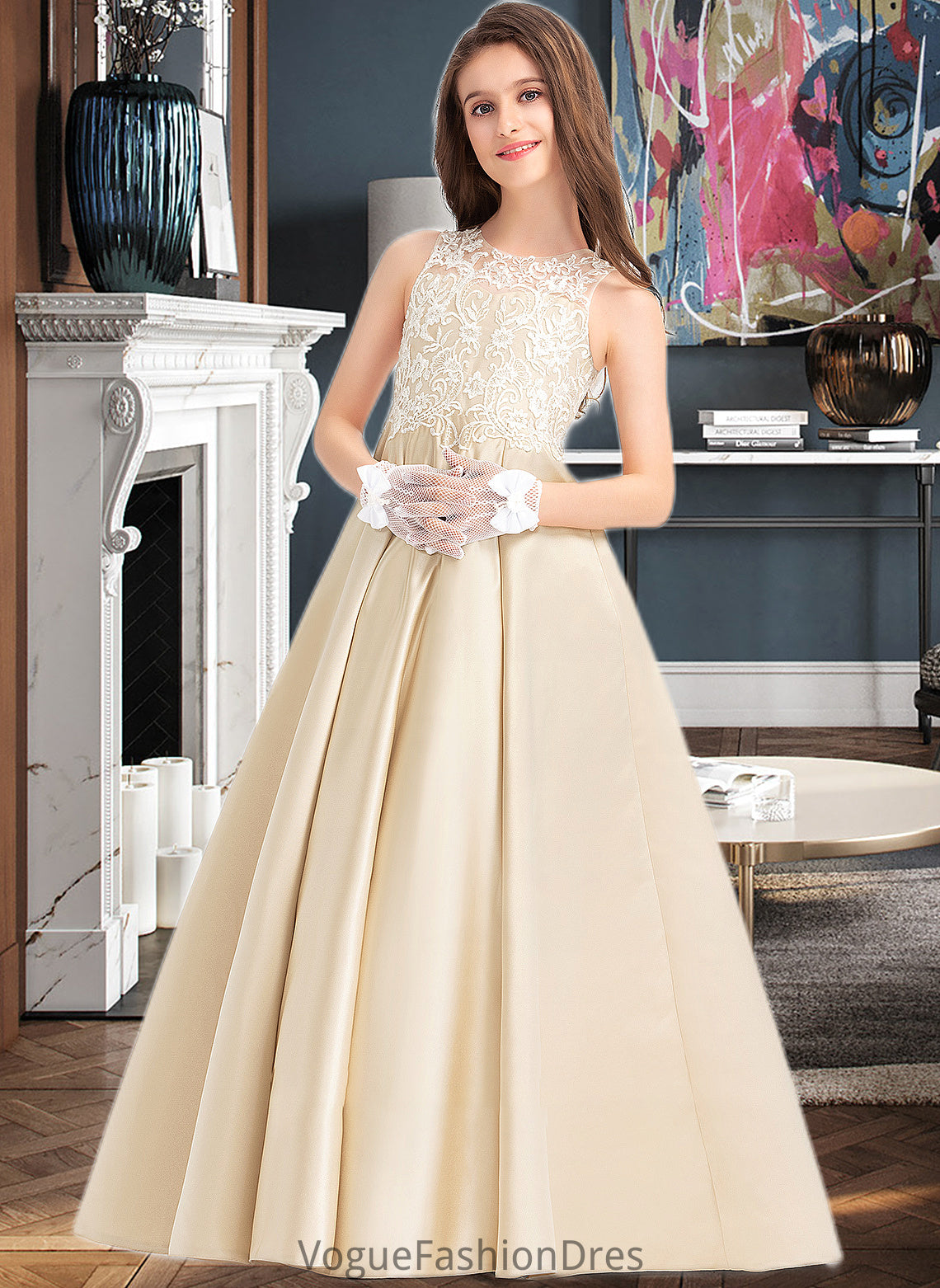 Tia Ball-Gown/Princess Scoop Neck Floor-Length Satin Lace Junior Bridesmaid Dress DKP0013374