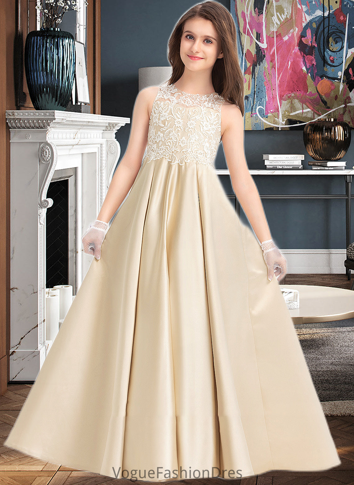 Tia Ball-Gown/Princess Scoop Neck Floor-Length Satin Lace Junior Bridesmaid Dress DKP0013374