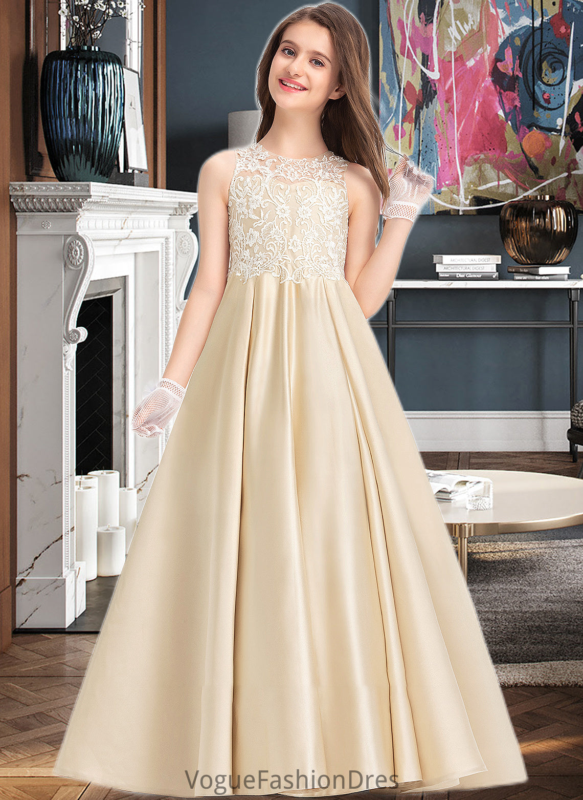 Tia Ball-Gown/Princess Scoop Neck Floor-Length Satin Lace Junior Bridesmaid Dress DKP0013374