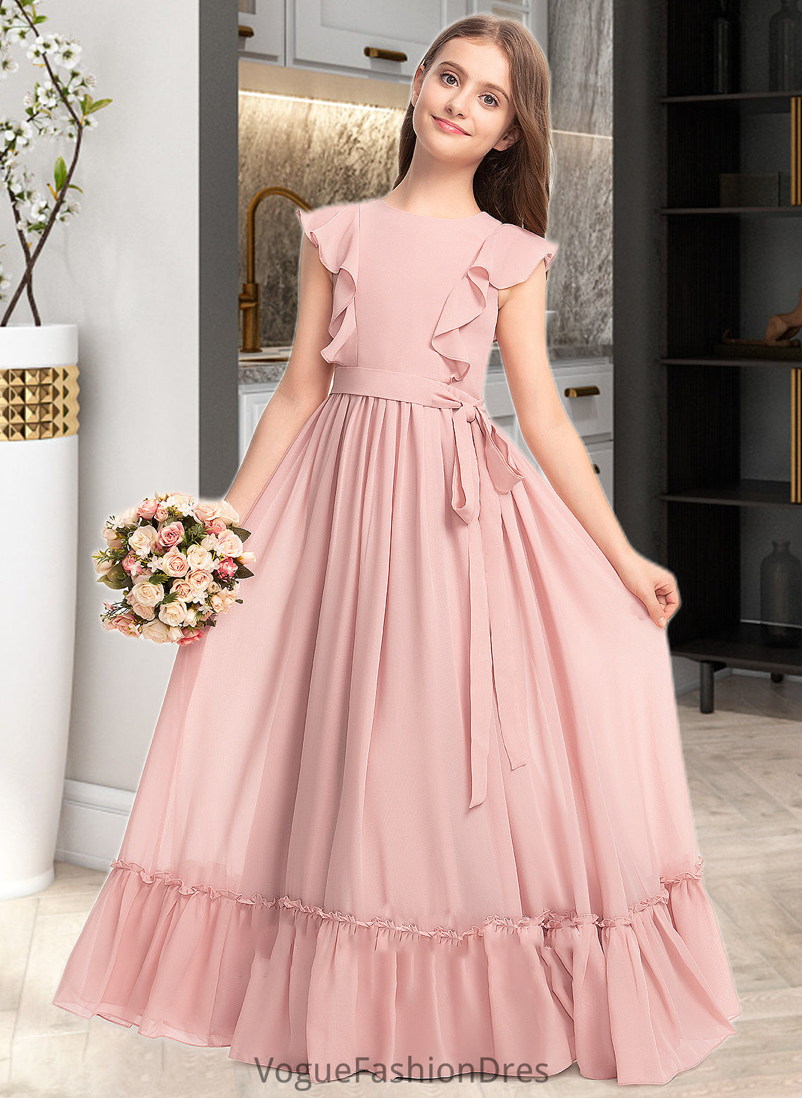 Gracelyn A-Line Scoop Neck Floor-Length Chiffon Junior Bridesmaid Dress With Bow(s) Cascading Ruffles DKP0013375