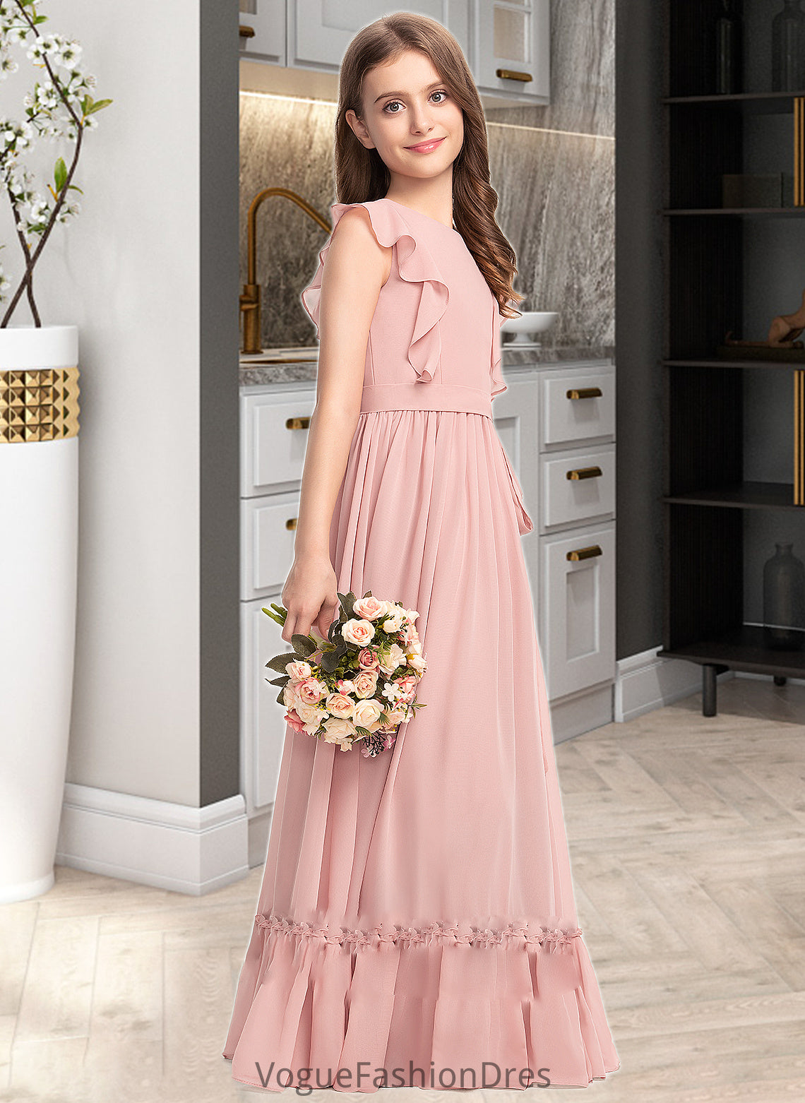 Gracelyn A-Line Scoop Neck Floor-Length Chiffon Junior Bridesmaid Dress With Bow(s) Cascading Ruffles DKP0013375