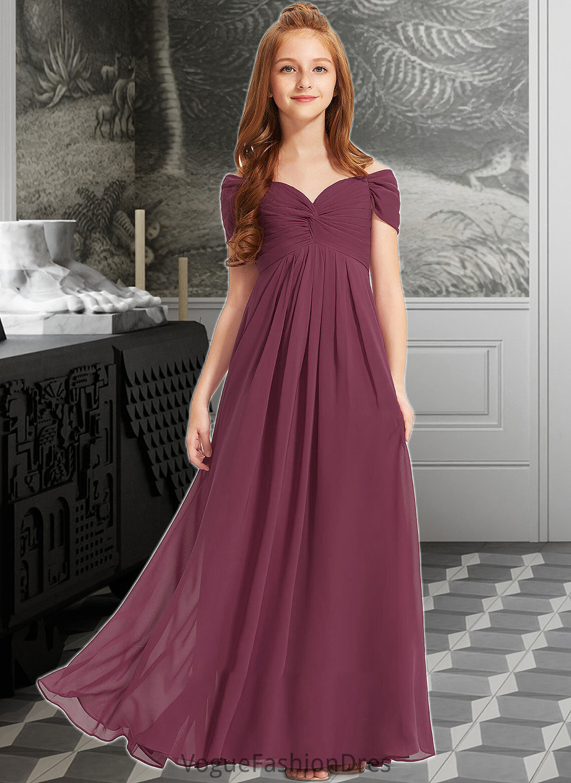 Caitlin A-Line Off-the-Shoulder Floor-Length Chiffon Junior Bridesmaid Dress With Ruffle DKP0013376