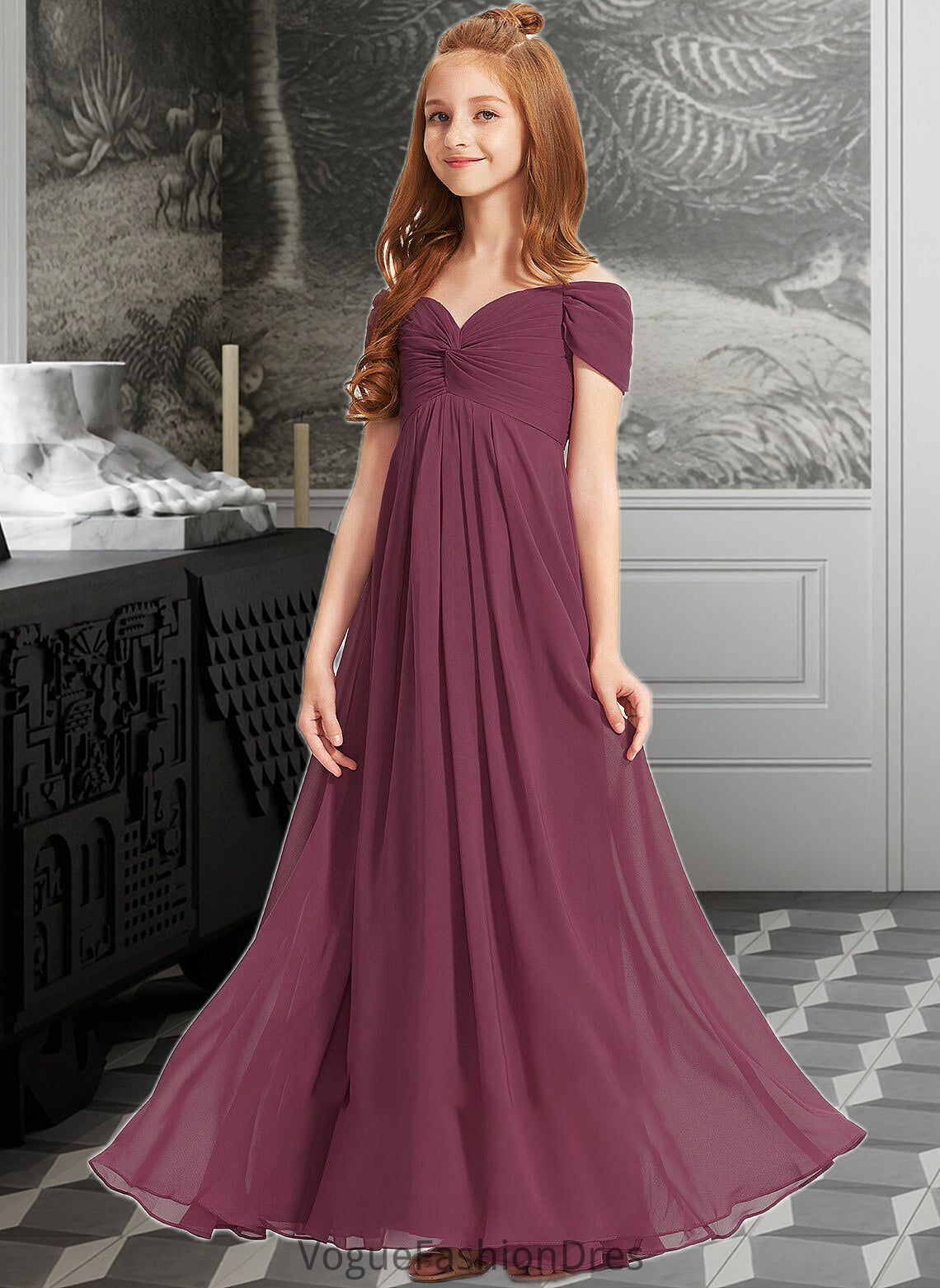 Caitlin A-Line Off-the-Shoulder Floor-Length Chiffon Junior Bridesmaid Dress With Ruffle DKP0013376