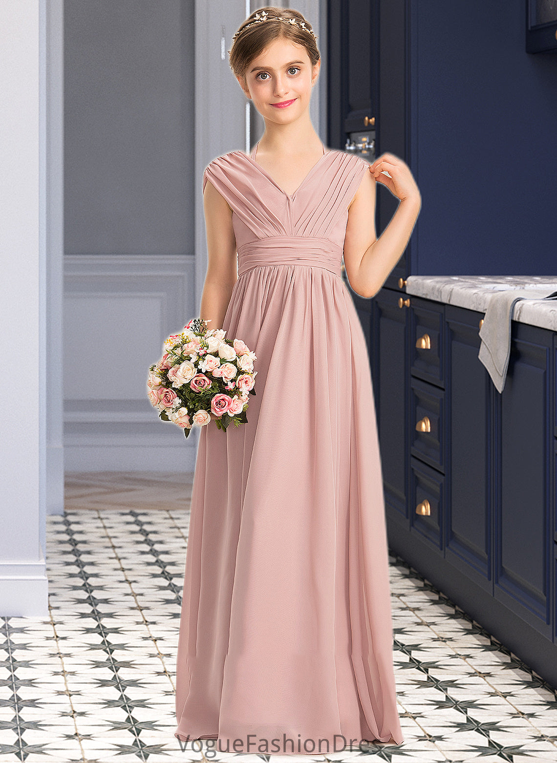 Savannah A-Line V-neck Floor-Length Chiffon Junior Bridesmaid Dress With Ruffle Bow(s) DKP0013378