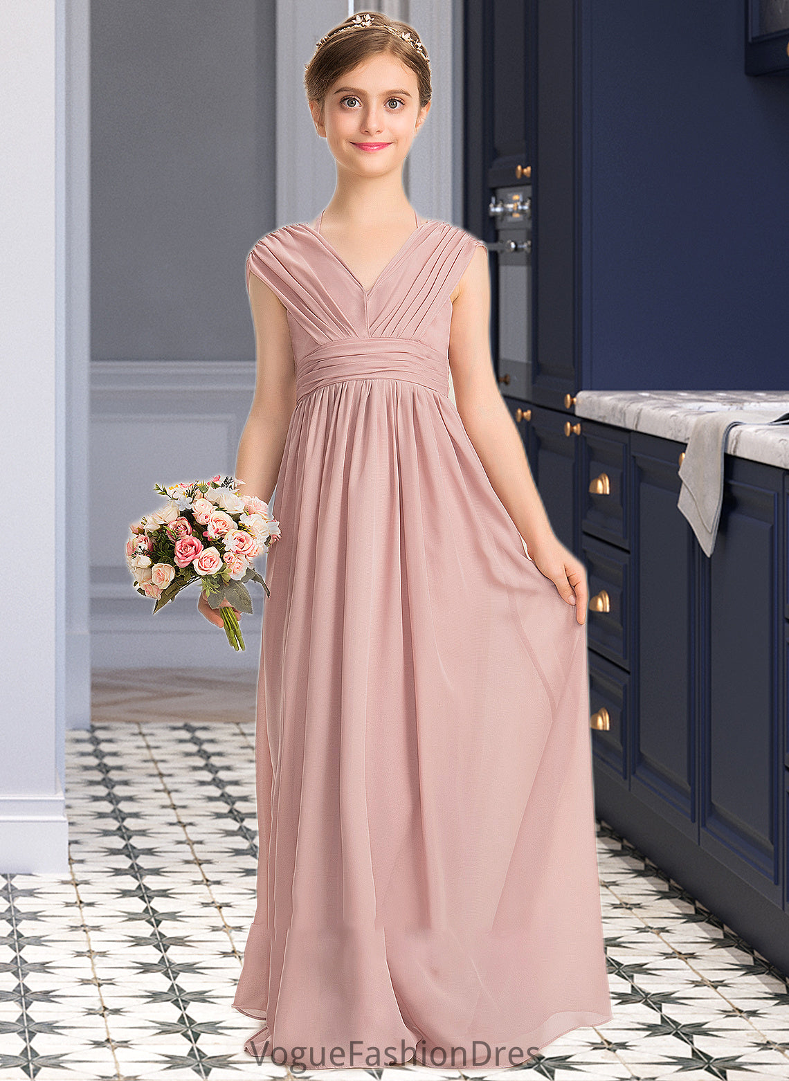 Savannah A-Line V-neck Floor-Length Chiffon Junior Bridesmaid Dress With Ruffle Bow(s) DKP0013378