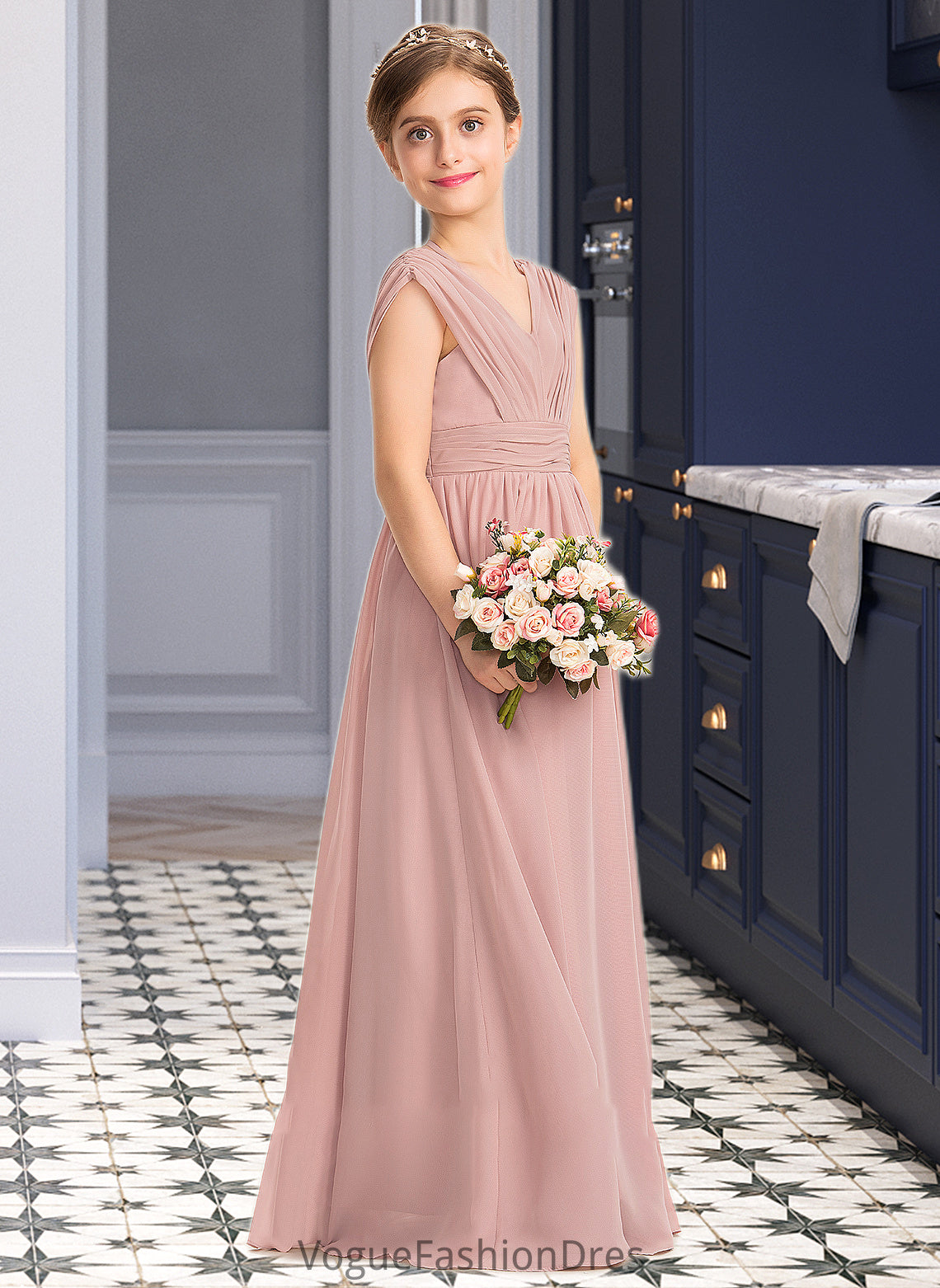 Savannah A-Line V-neck Floor-Length Chiffon Junior Bridesmaid Dress With Ruffle Bow(s) DKP0013378