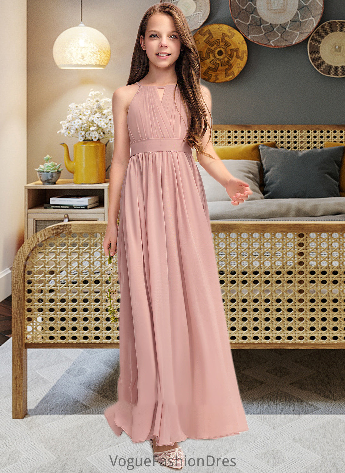 Alessandra A-Line Scoop Neck Floor-Length Chiffon Junior Bridesmaid Dress With Ruffle Bow(s) DKP0013380