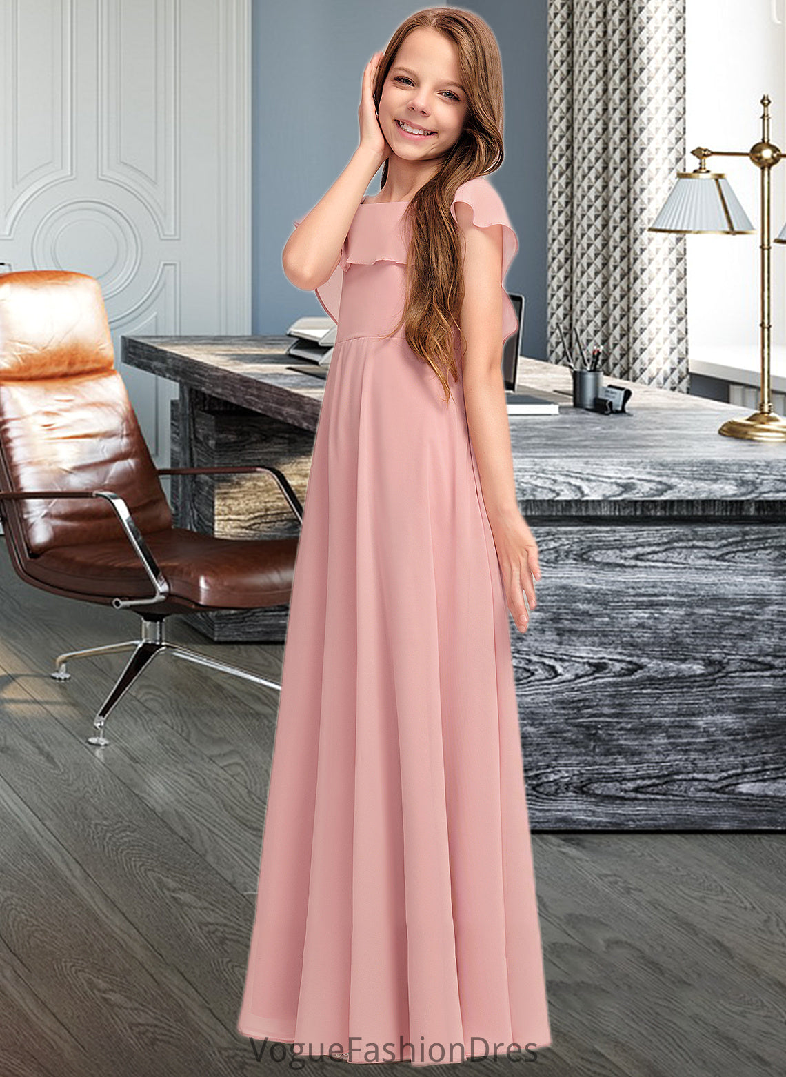 Stephany A-Line Scoop Neck Floor-Length Chiffon Junior Bridesmaid Dress With Cascading Ruffles DKP0013382