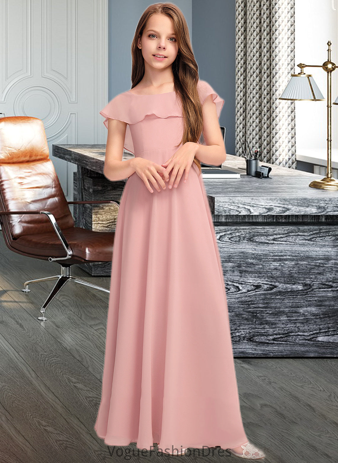 Stephany A-Line Scoop Neck Floor-Length Chiffon Junior Bridesmaid Dress With Cascading Ruffles DKP0013382