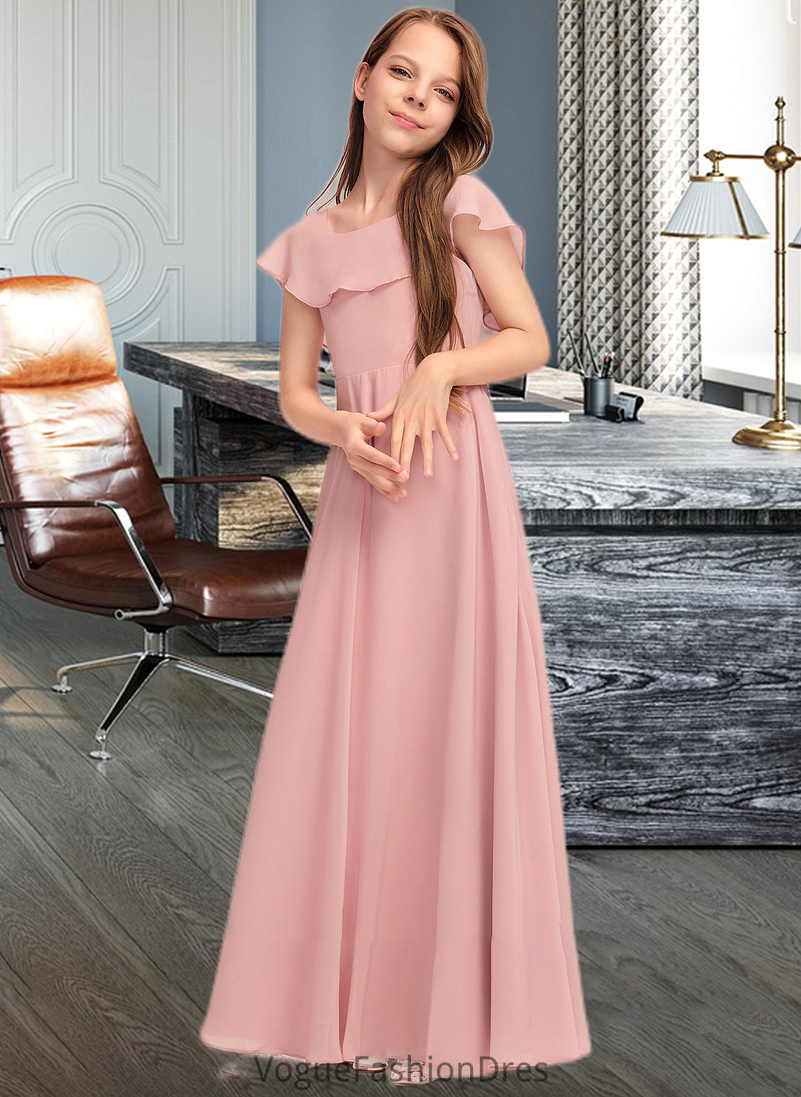 Stephany A-Line Scoop Neck Floor-Length Chiffon Junior Bridesmaid Dress With Cascading Ruffles DKP0013382