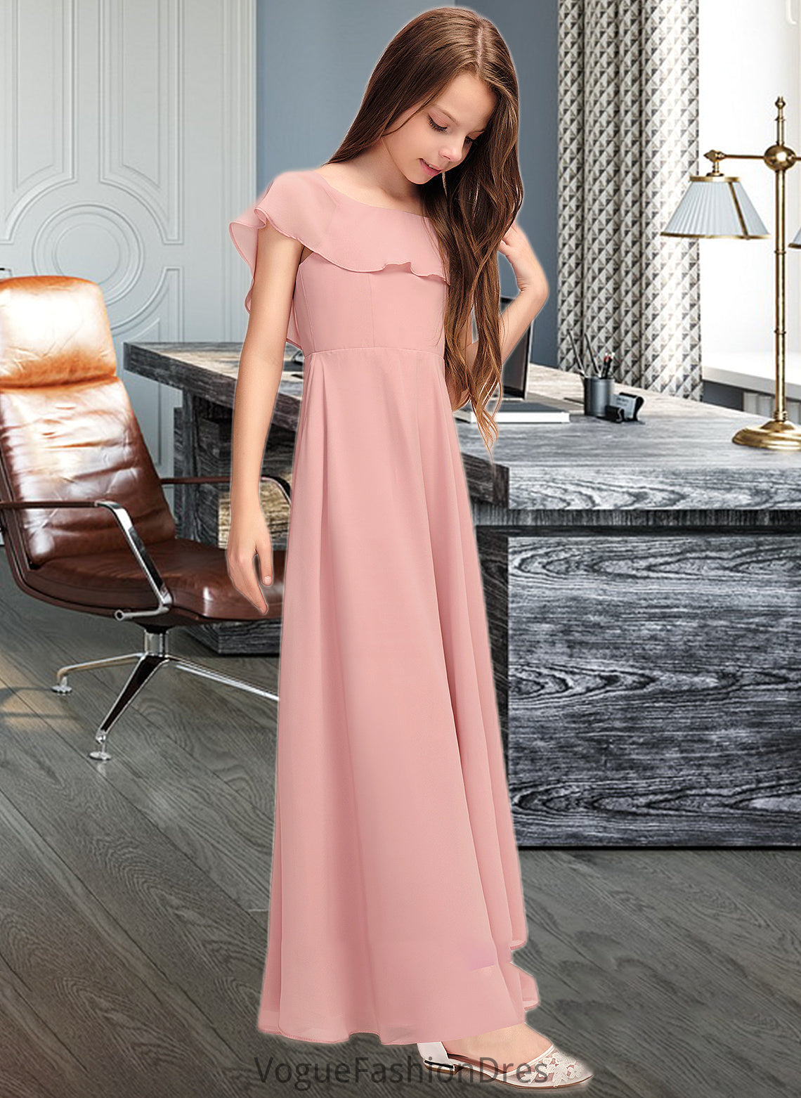 Stephany A-Line Scoop Neck Floor-Length Chiffon Junior Bridesmaid Dress With Cascading Ruffles DKP0013382