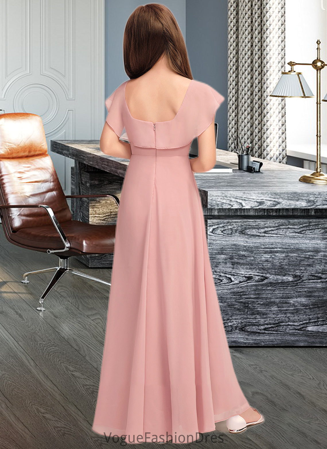 Stephany A-Line Scoop Neck Floor-Length Chiffon Junior Bridesmaid Dress With Cascading Ruffles DKP0013382