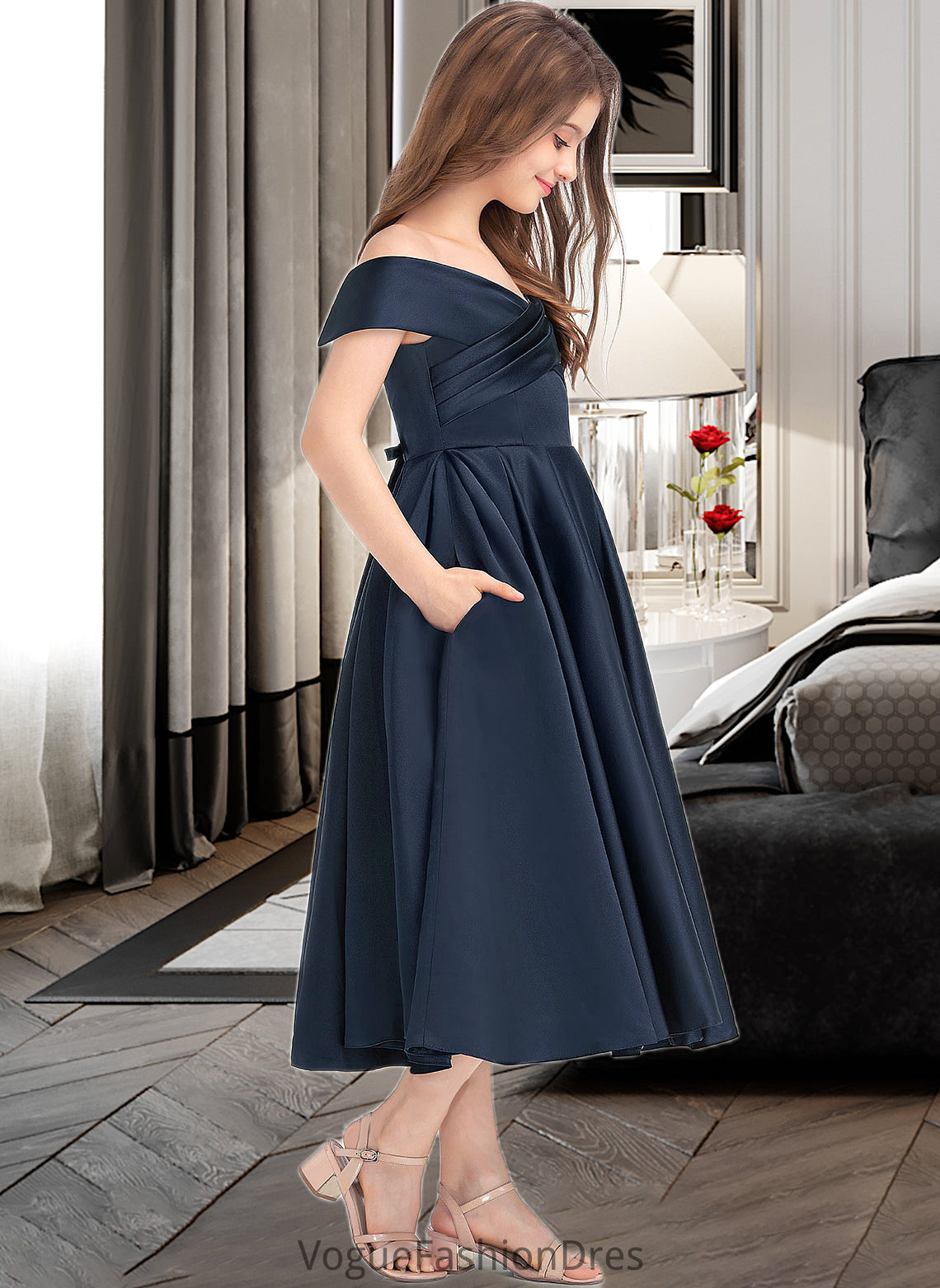 Laurel A-Line Off-the-Shoulder Tea-Length Satin Junior Bridesmaid Dress With Ruffle Pockets DKP0013383