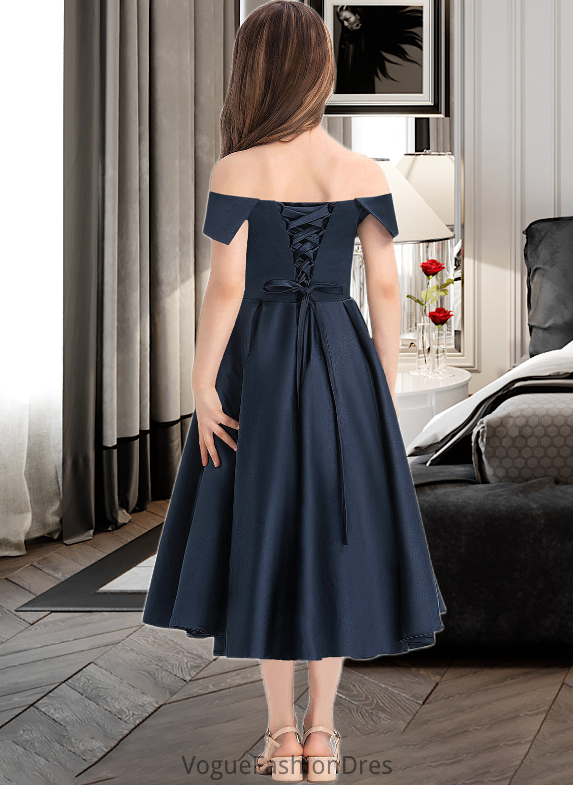 Laurel A-Line Off-the-Shoulder Tea-Length Satin Junior Bridesmaid Dress With Ruffle Pockets DKP0013383