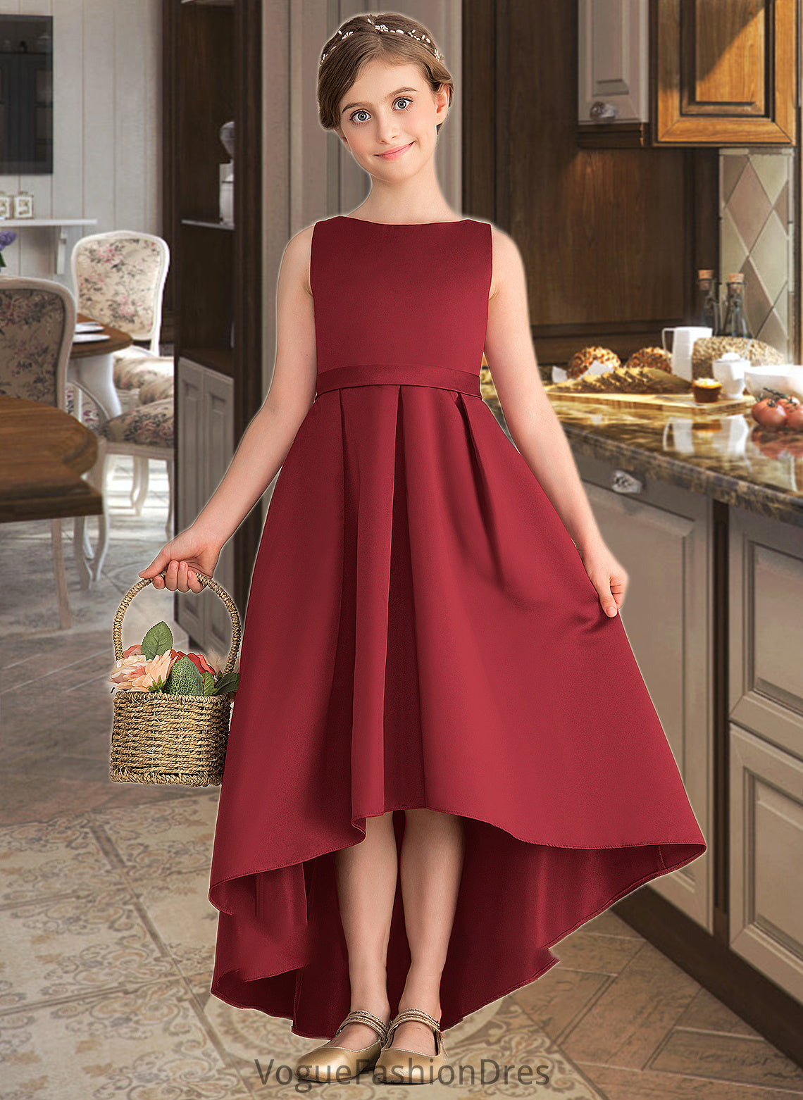 Penelope A-Line Scoop Neck Asymmetrical Satin Junior Bridesmaid Dress With Ruffle Pockets DKP0013385