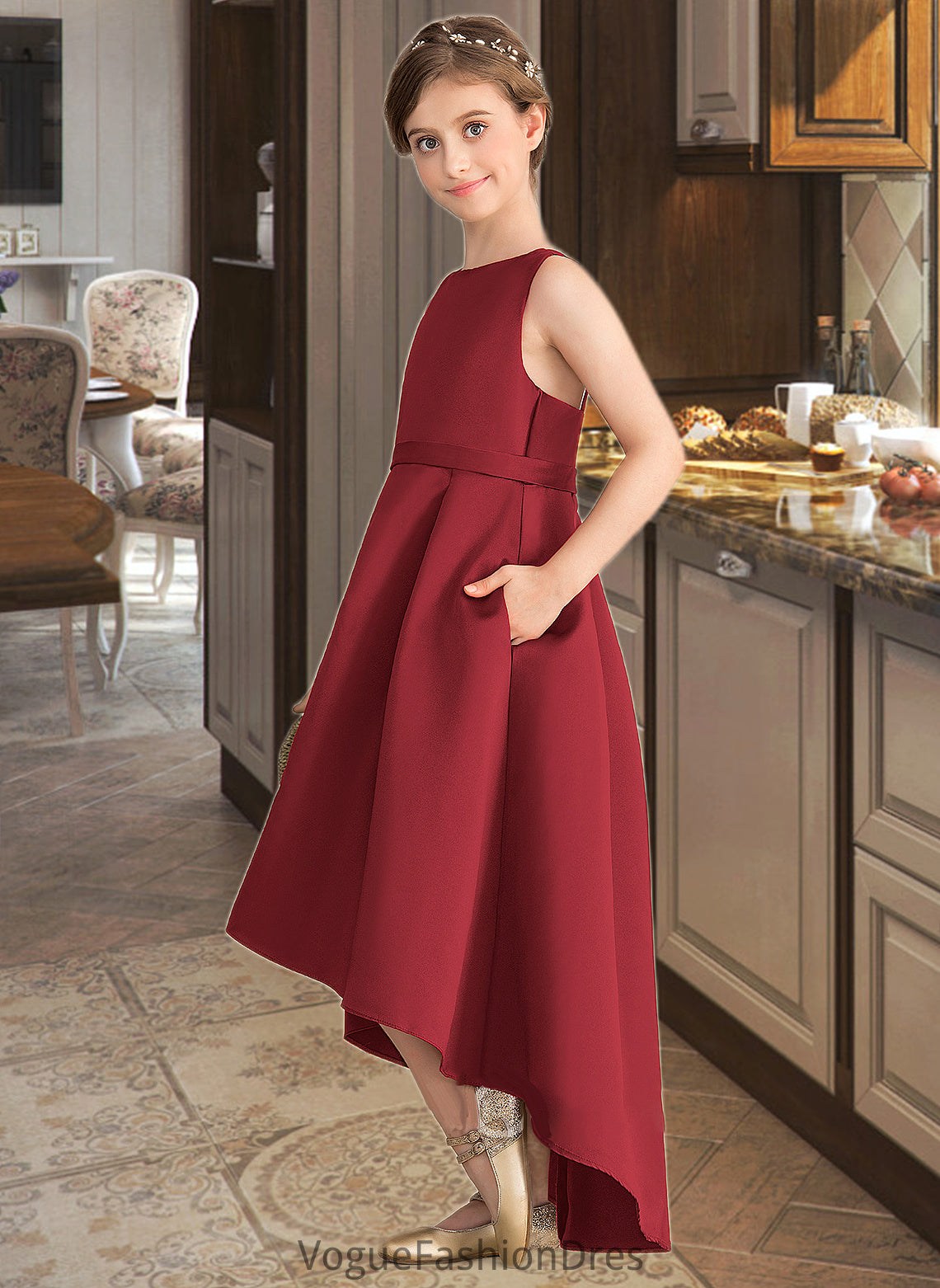 Penelope A-Line Scoop Neck Asymmetrical Satin Junior Bridesmaid Dress With Ruffle Pockets DKP0013385