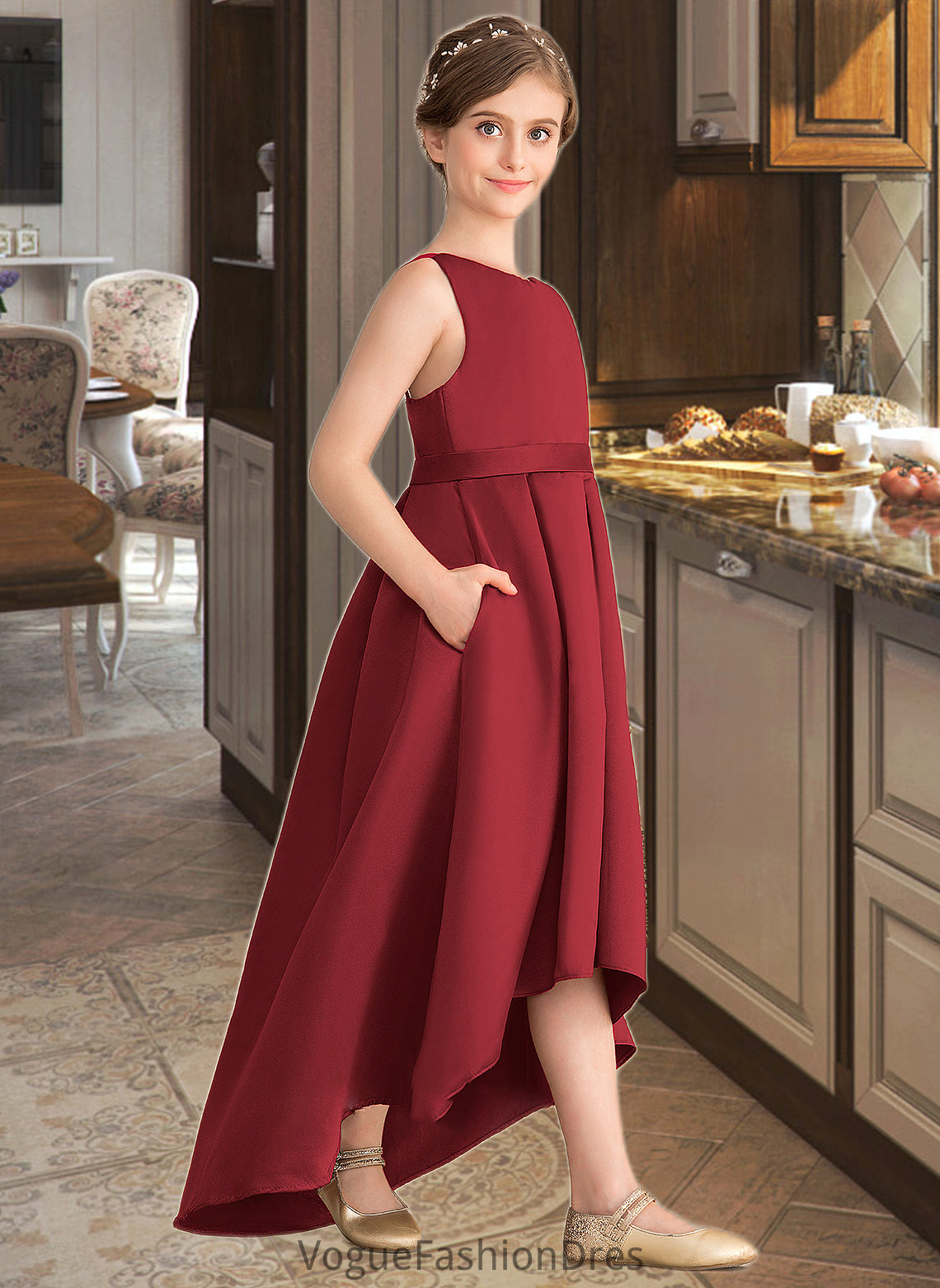 Penelope A-Line Scoop Neck Asymmetrical Satin Junior Bridesmaid Dress With Ruffle Pockets DKP0013385