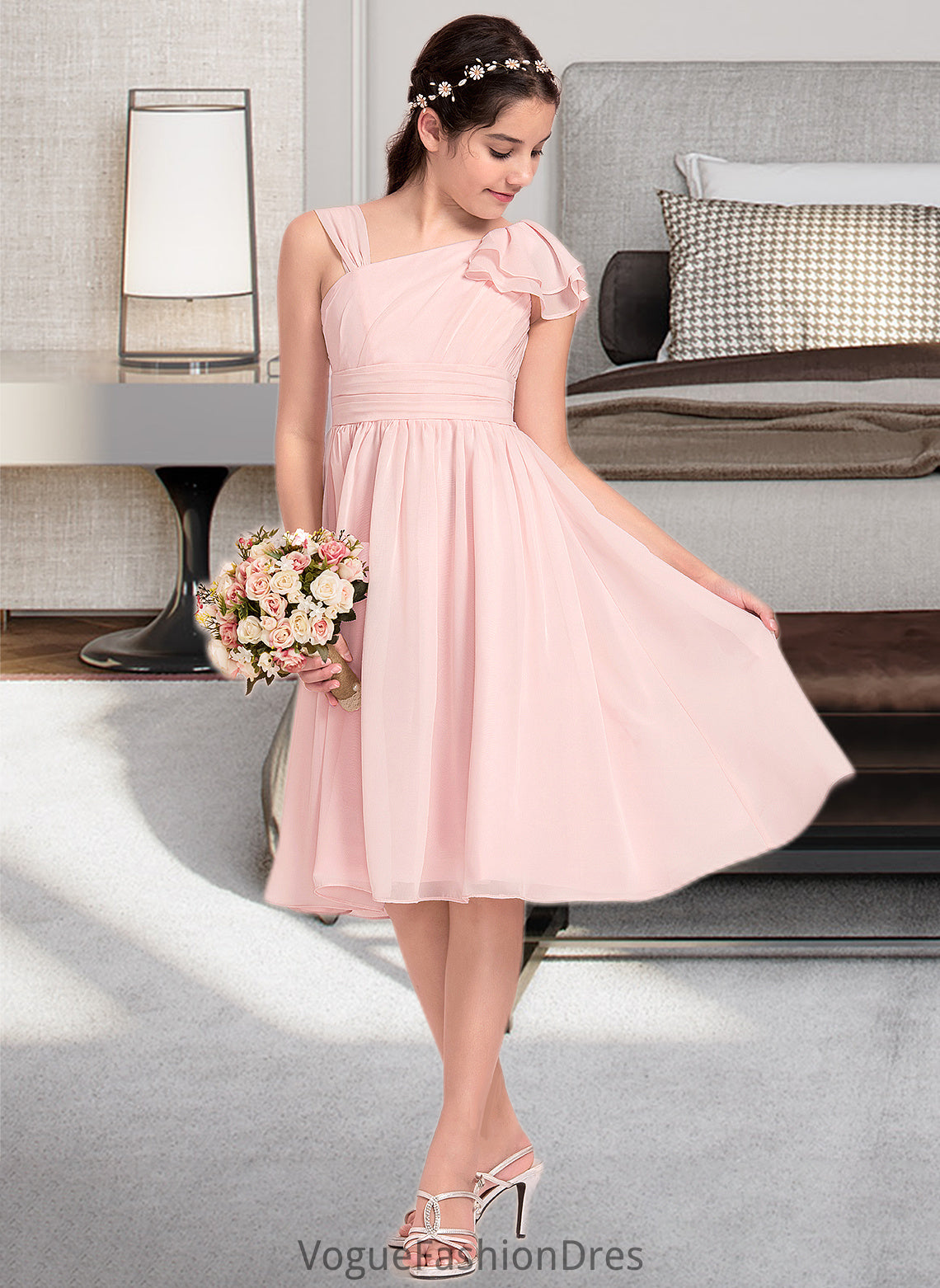 Abigayle A-Line V-neck Knee-Length Chiffon Junior Bridesmaid Dress With Cascading Ruffles DKP0013386