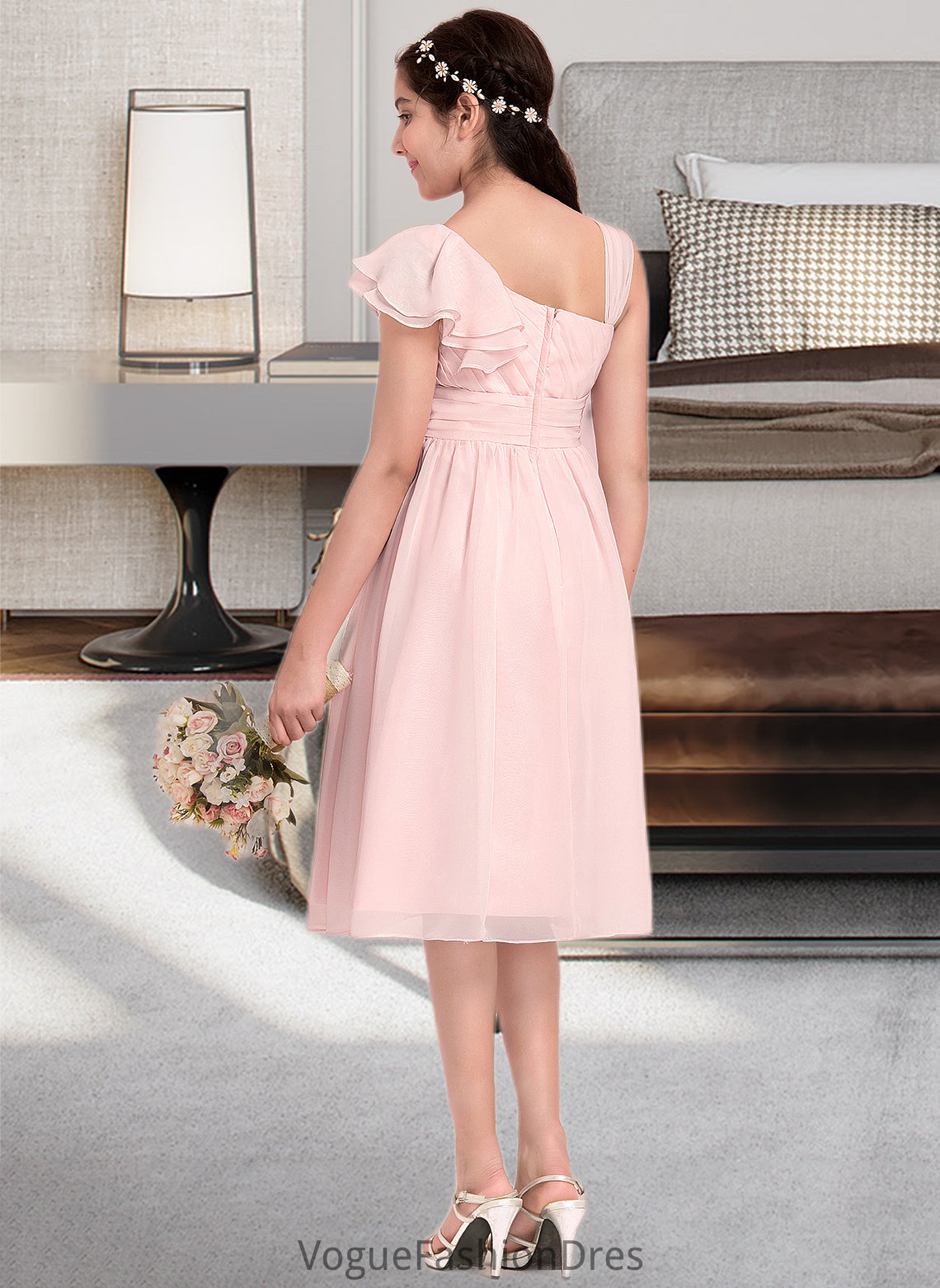 Abigayle A-Line V-neck Knee-Length Chiffon Junior Bridesmaid Dress With Cascading Ruffles DKP0013386